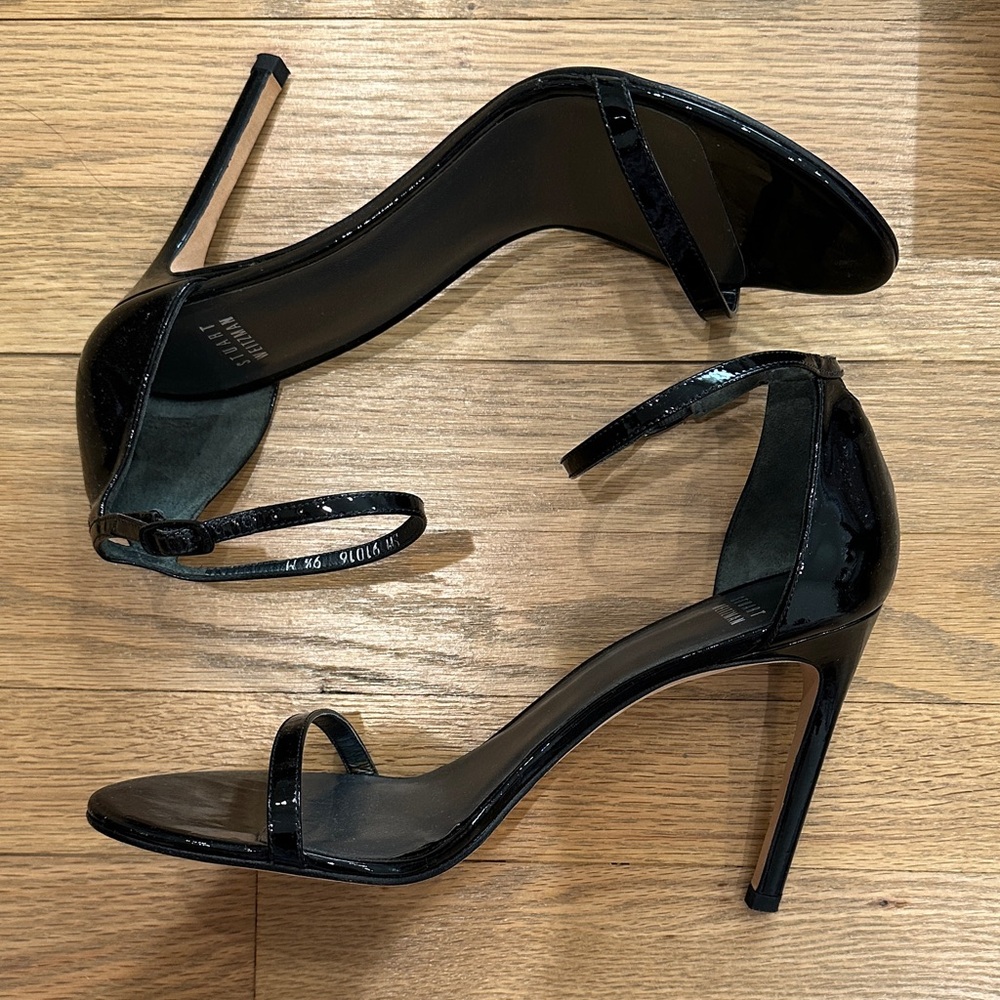 Stuart Weitzman Nudist Black Patent Leather Strappy Heel